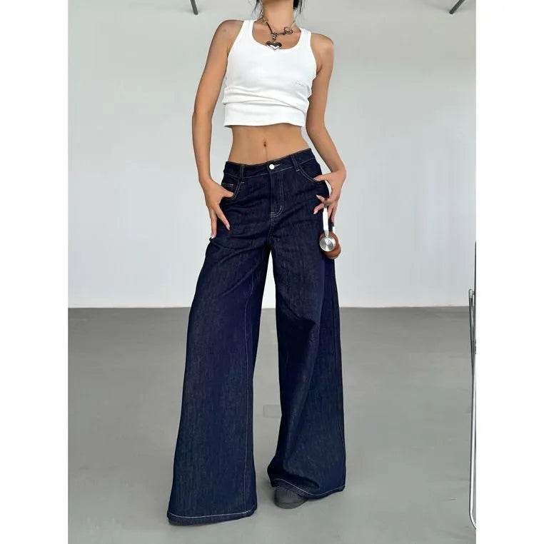 Fashion American Retro Wide Leg Baggy Jeans Pant For Women