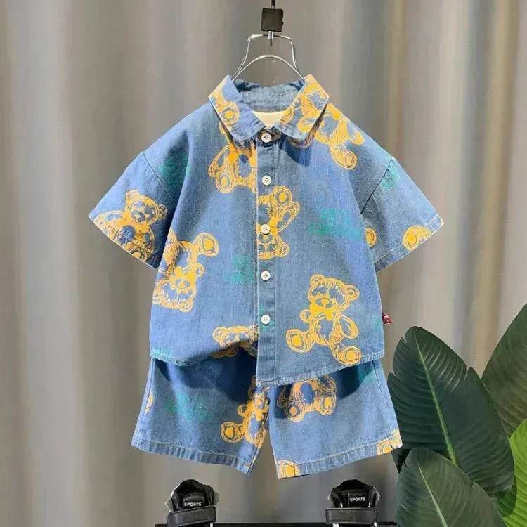 Denim Short Sleeve Shirt Outfit Trendy Handsome Clothes Boys Denim two piece for boys