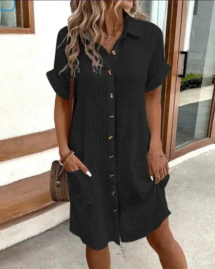 Womens Button Down Shirt Dress Summer Cotton Linen Dress V-Neck Mini Dress Casual Short Sleeve Loose Tunic Dresses