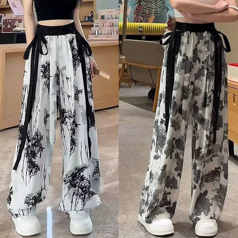 New Painting Ice Silk Wide-leg Baggy Trouser Pants Summer Women
