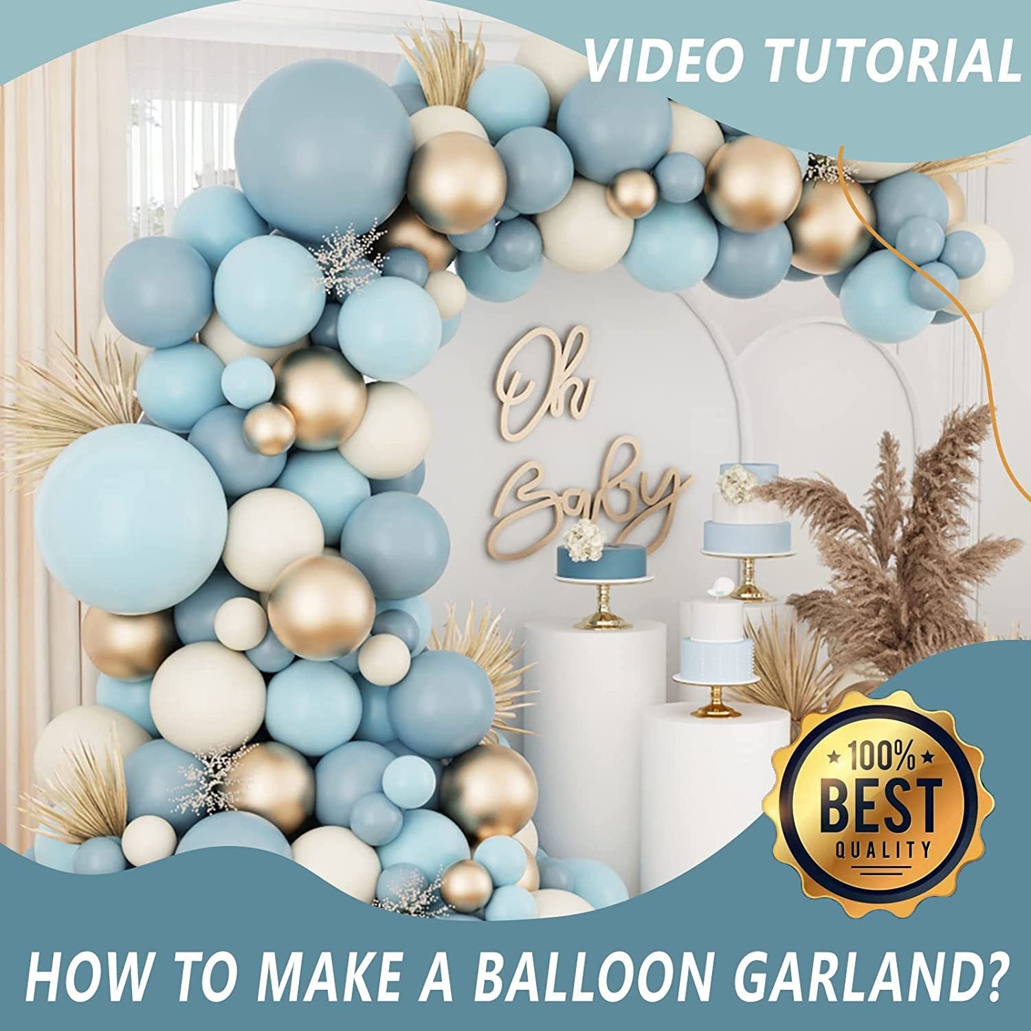134-Piece Dusty Blue, Cream & Gold Balloon Garland Arch Kit – Baby Shower, Birthday & Boho Party Decoration
