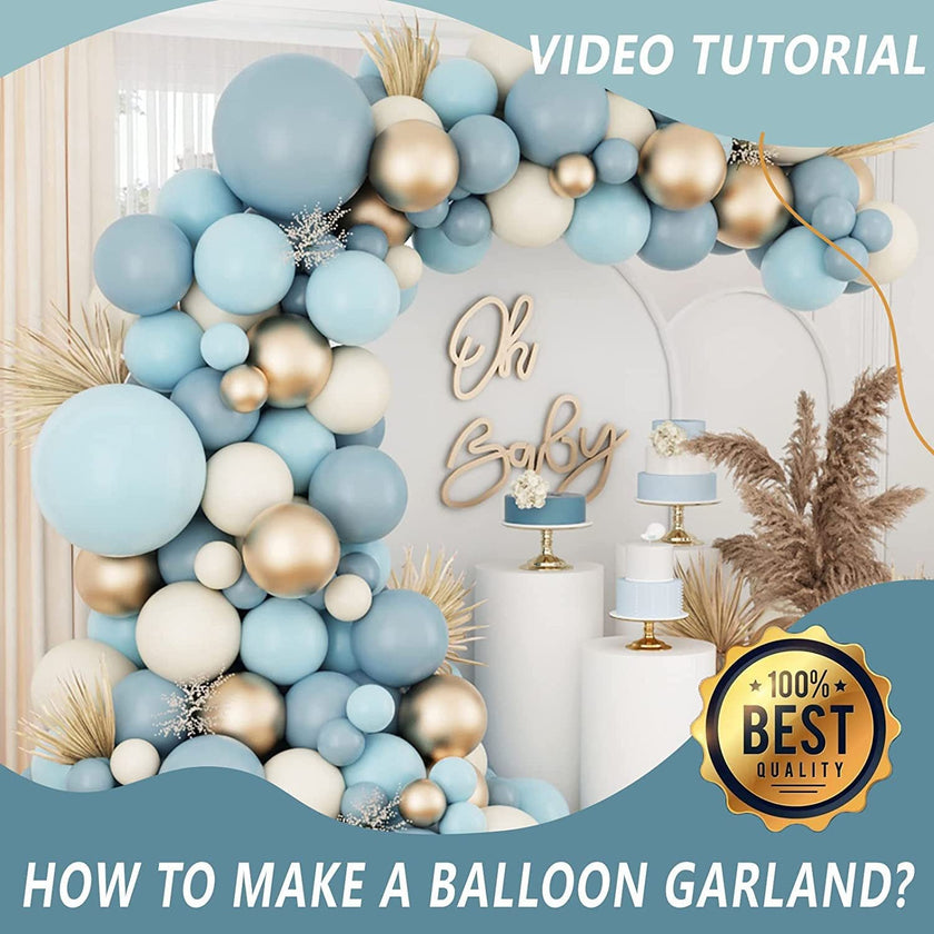 134-Piece Dusty Blue, Cream & Gold Balloon Garland Arch Kit – Baby Shower, Birthday & Boho Party Decoration
