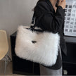 Women's Winter Plush Floral Shoulder Bag – Large Tote Handbag (White & Decor)