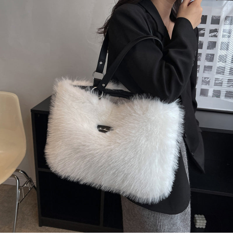 Women's Winter Plush Floral Shoulder Bag – Large Tote Handbag (White & Decor)