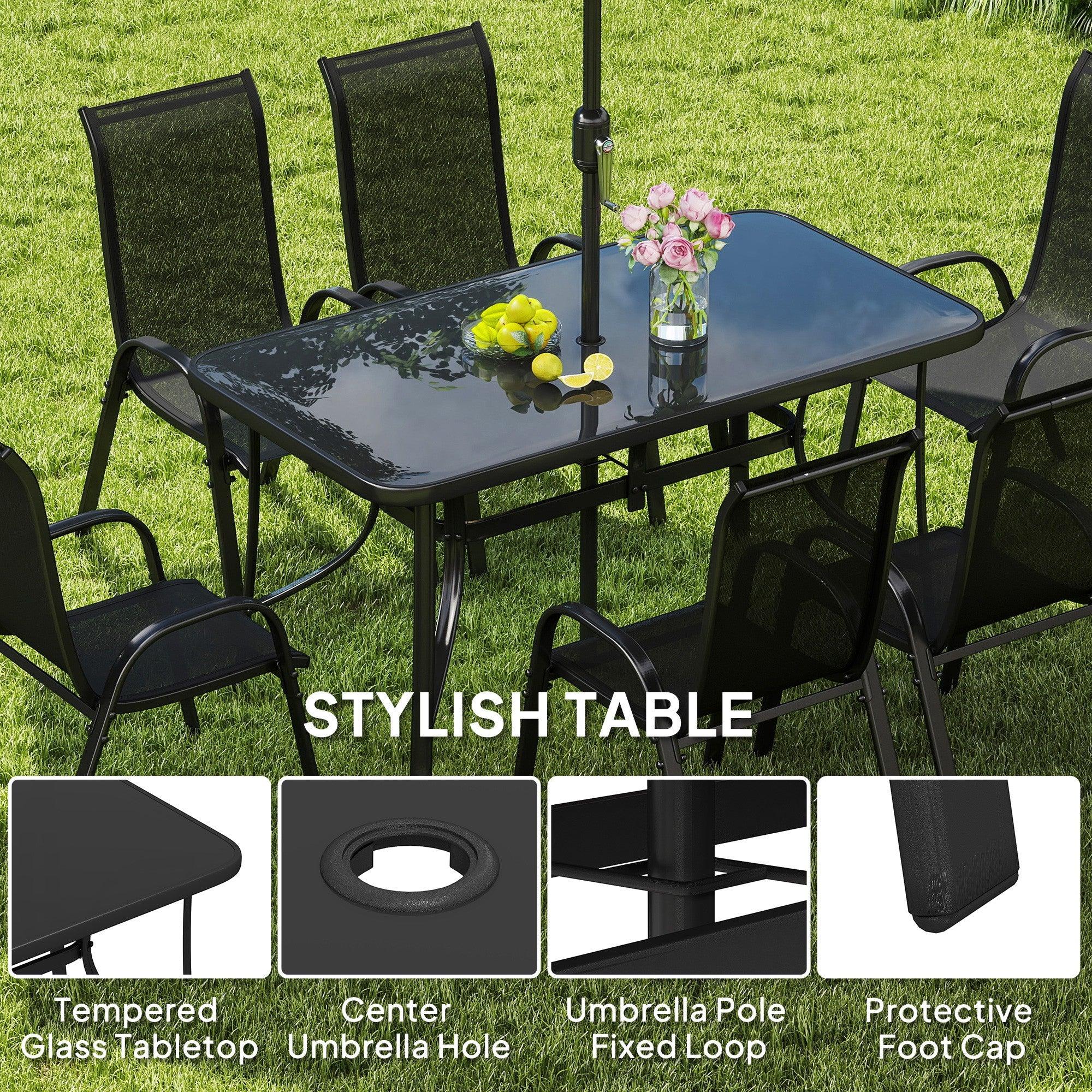8 Pieces Patio Furniture Set with 9Ft Patio Umbrella, Outdoor Dining Table and Chairs, Black