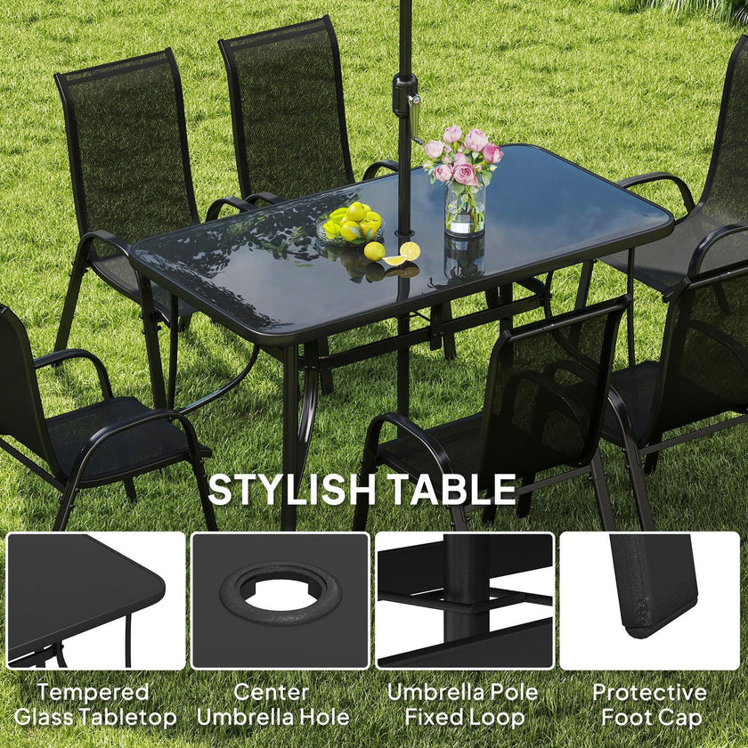 8 Pieces Patio Furniture Set with 9Ft Patio Umbrella, Outdoor Dining Table and Chairs, Black