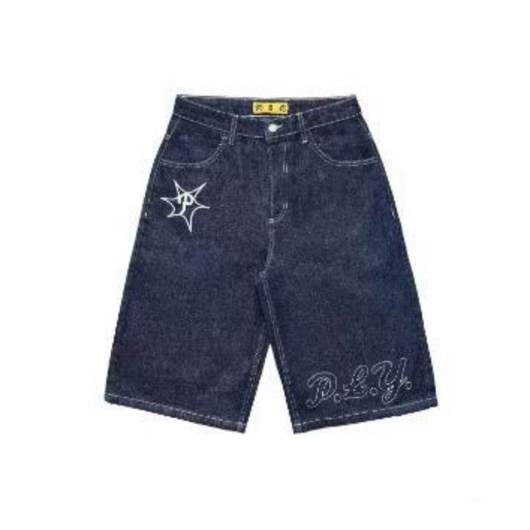 Full Embroidery Dark Blue Denim Shorts Men Jeans