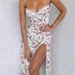 Women's Floral Spaghetti Strap Cami Dress Lace Trim Side Slit Bodycon Midi summer Dress
