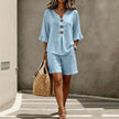 Women's Two-Piece Shorts Suit – V-Neck Ruffle Top & Short Pant Set