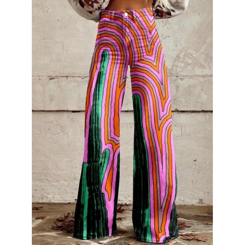 Women's 3D Graphic Print Flare Pants – Plus Size Mid-Waist Wide Leg Printed Trousers