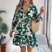 New Floral Printed V-Neck Long Sleeve Dress Fashion Ruffles Bowknot A-Line Short Mini  Skater Dress Women's Clothing