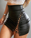 Women's High Waist Side Lace-up Tight Leather Mini Skirt