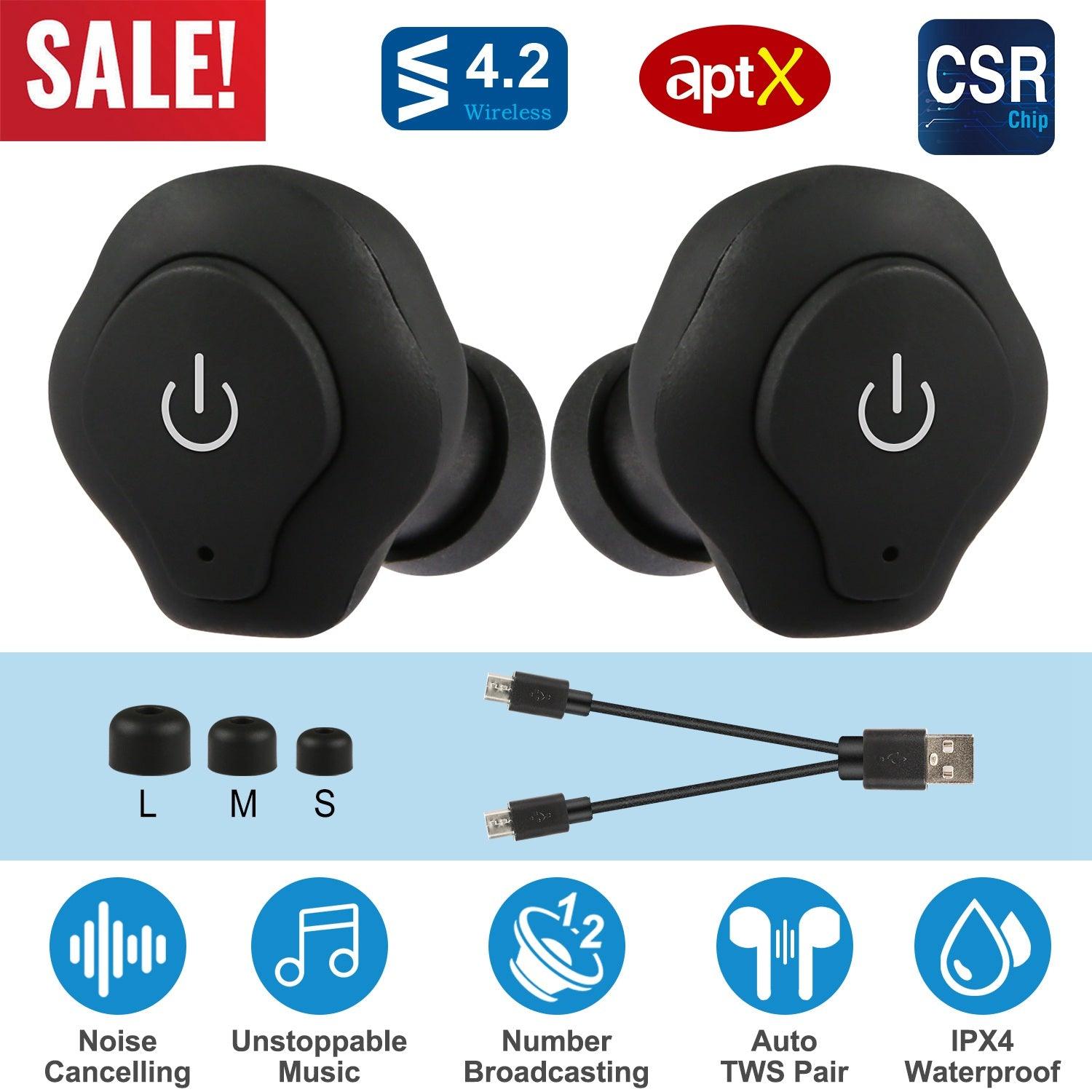 True Wireless Earbuds Bluetooth 4.2 aptX CVC 6.0 Noise Cancelling Business Driving Walking TWS