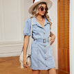 Women's Washed Belt button down Denim jeans mini short sleeve Dress