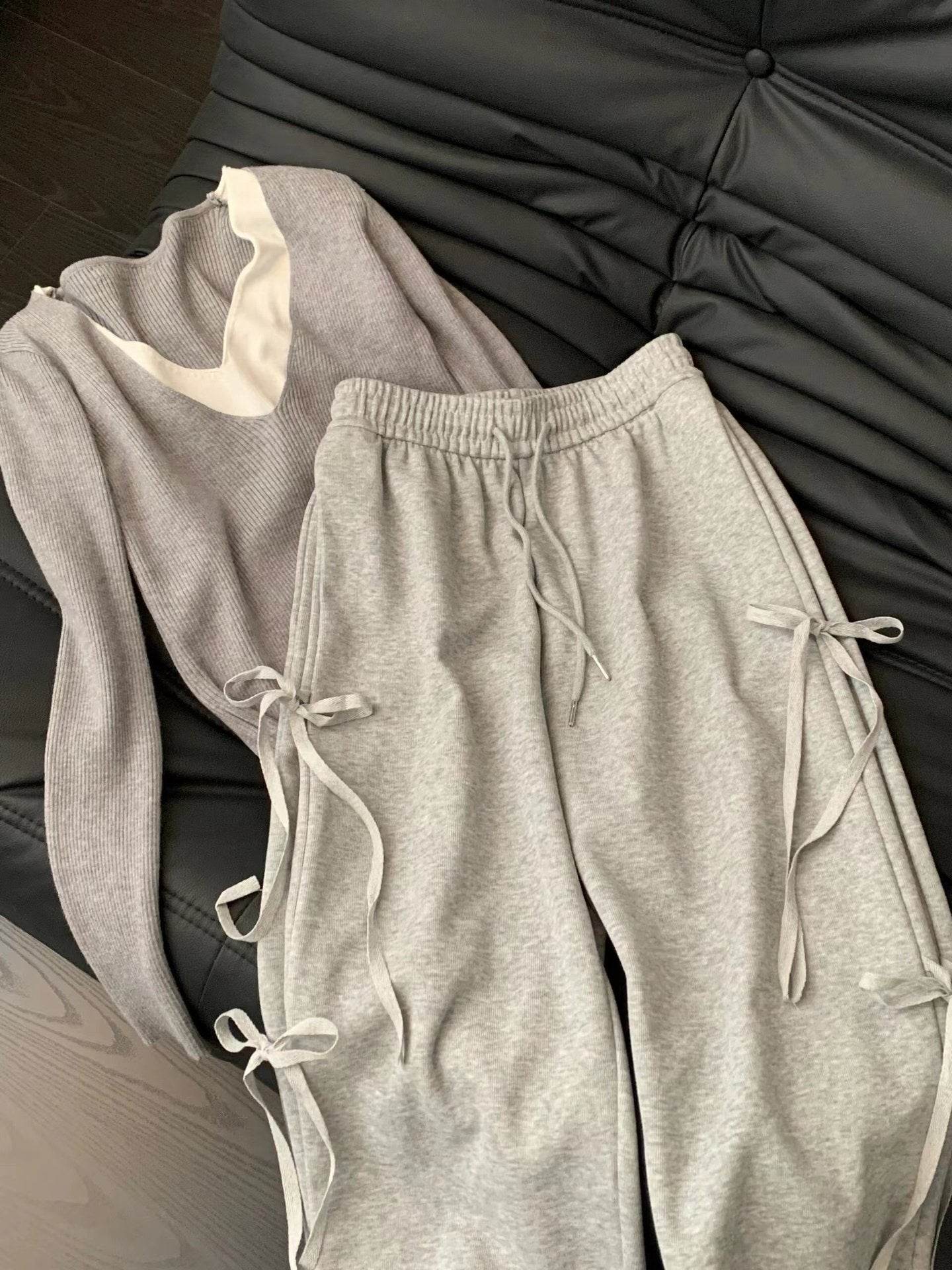 Fashion Vintage Bow lace up Drawstring Wide leg sweat pant for women