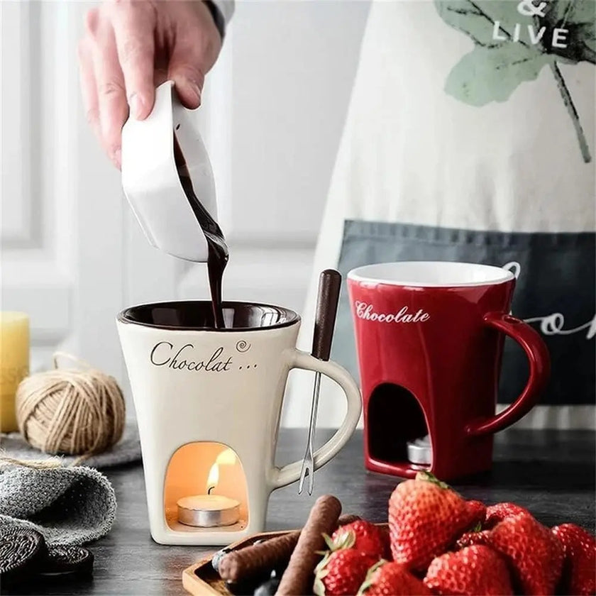 Mini Fondue Mug Set – Personal Ceramic Chocolate & Cheese Melting Pot with Fork (Beige, Coffee & Red)