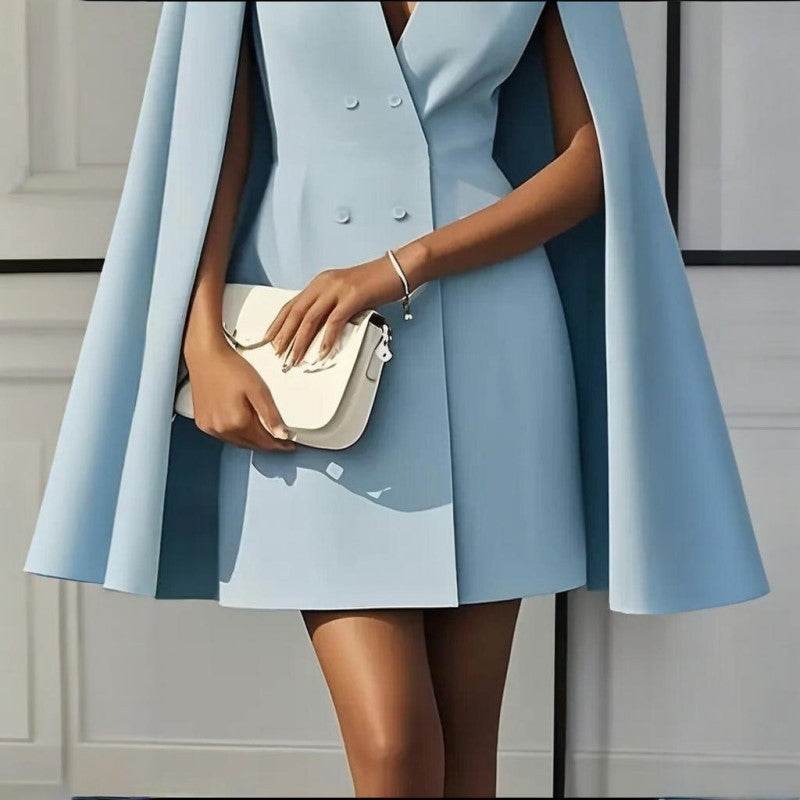 Formal V Neck Double-Breasted Mini Cape Sleeve Dress for Women