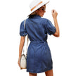 Women's Washed Belt button down Denim jeans mini short sleeve Dress