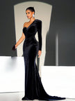 One-Shoulder Long Sleeve Sweatheart neck Velvet Mermaid Maxi Dress - Black