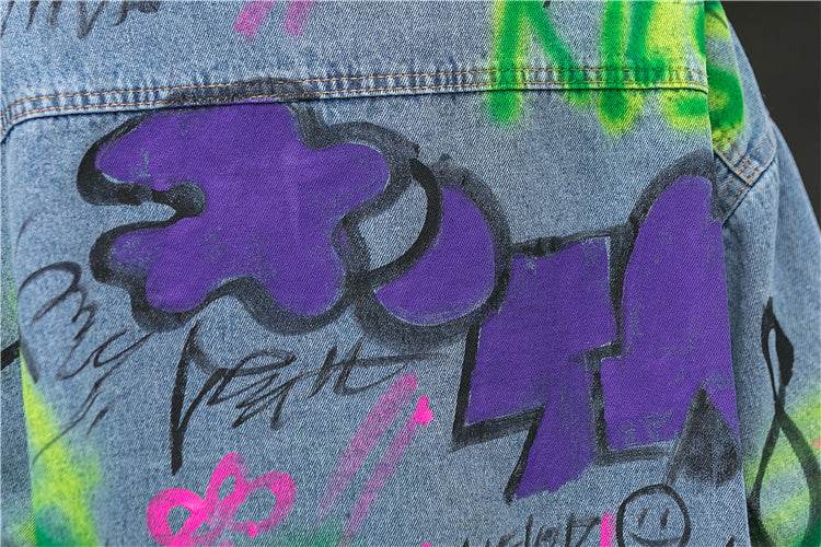 Oversized Graffiti Print Denim Jacket Women Loose Fried Street fashion