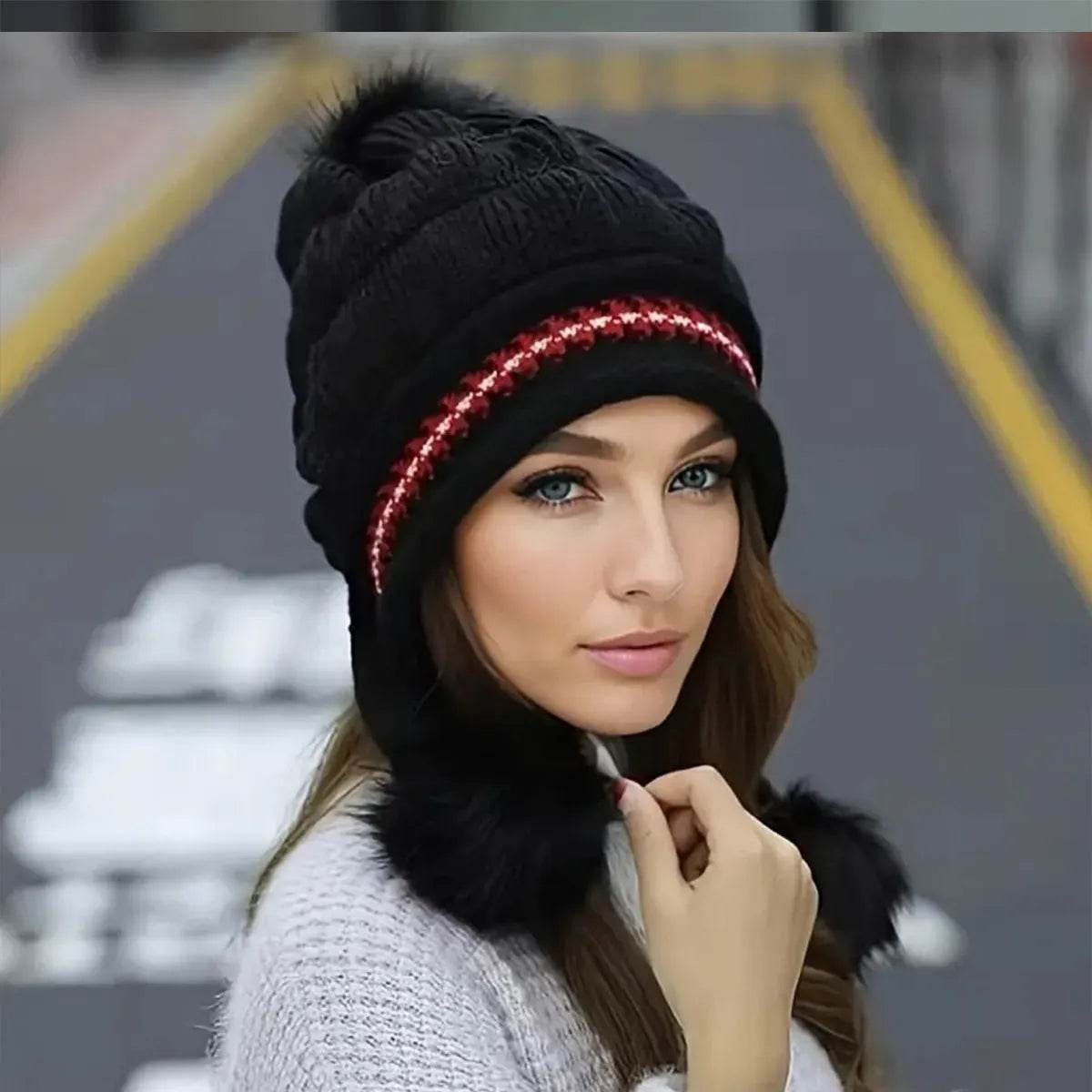 Women Cozy Knit Fleece-Feel Beanie With Ear Flaps Winter Hat Perfect For Skiing & Outdoor Activities