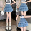 Elastic Jeans High Waist Layer  Denim short mini flare skirt