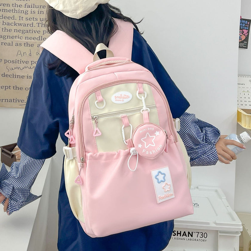 Kawaii Star Patch School Backpack for Girls – Large Capacity Nylon Bag