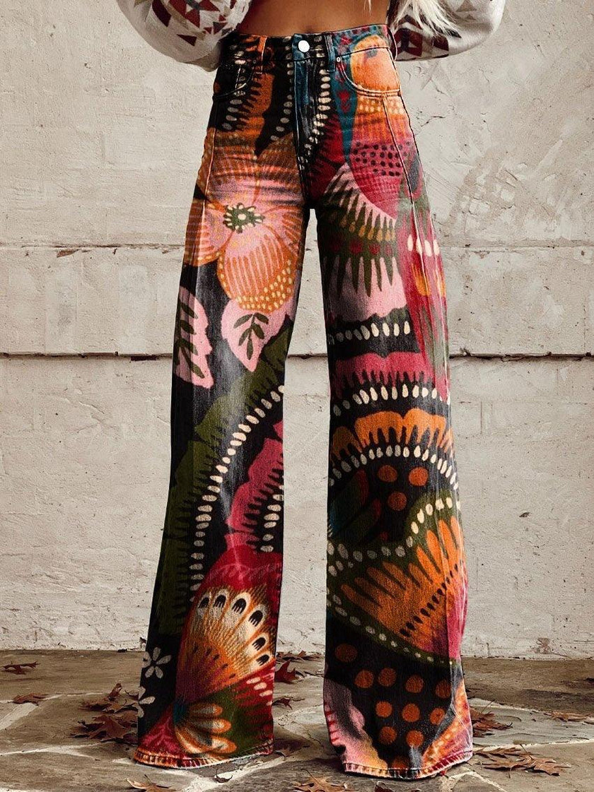 Graphic Printed Bootcut Jeans for Women – Wide Leg Printed Denim Trousers