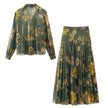 2pcs Floral Satin Skirt suit Long sleeve button shirt and Pleated Midi Skirt Outfit set