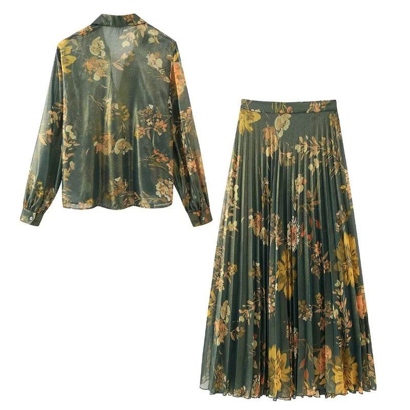 2pcs Floral Satin Skirt suit Long sleeve button shirt and Pleated Midi Skirt Outfit set