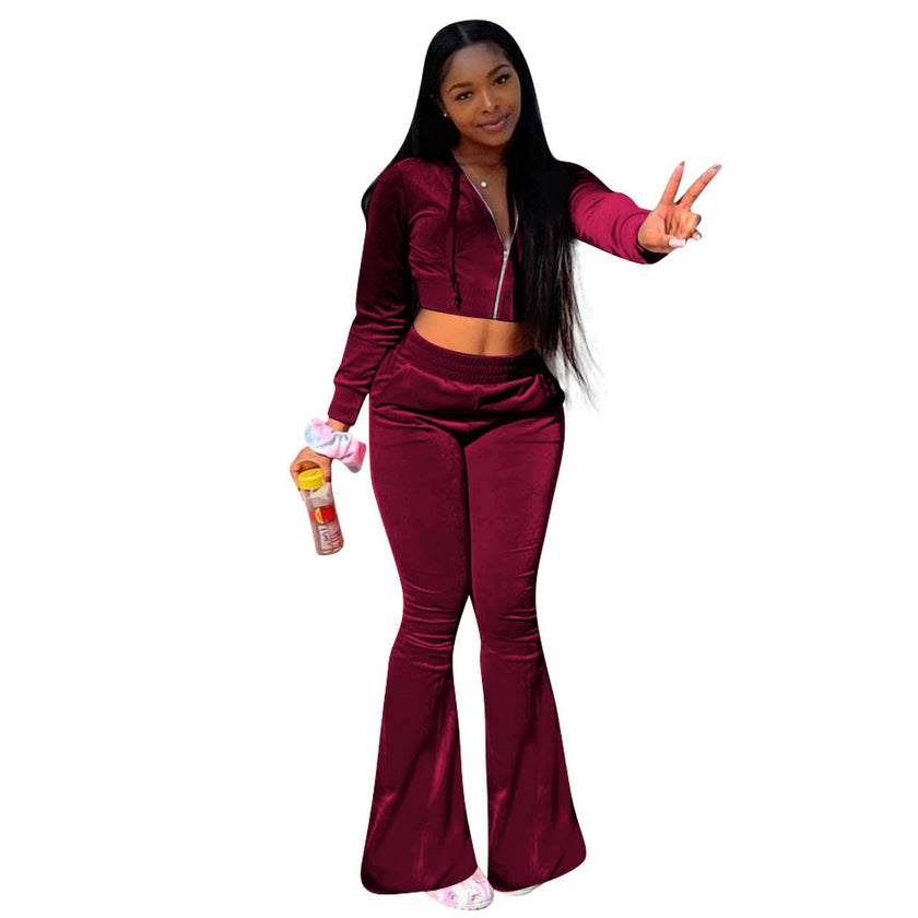 Women 2pcs Velvet Hoodie Wide leg Pant Crop top sweatsuit Athleisure Outfit