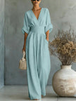 Women's Wide-Leg Jumpsuit High Waist Pleated Three-Quarter Sleeve Elegant Workwear