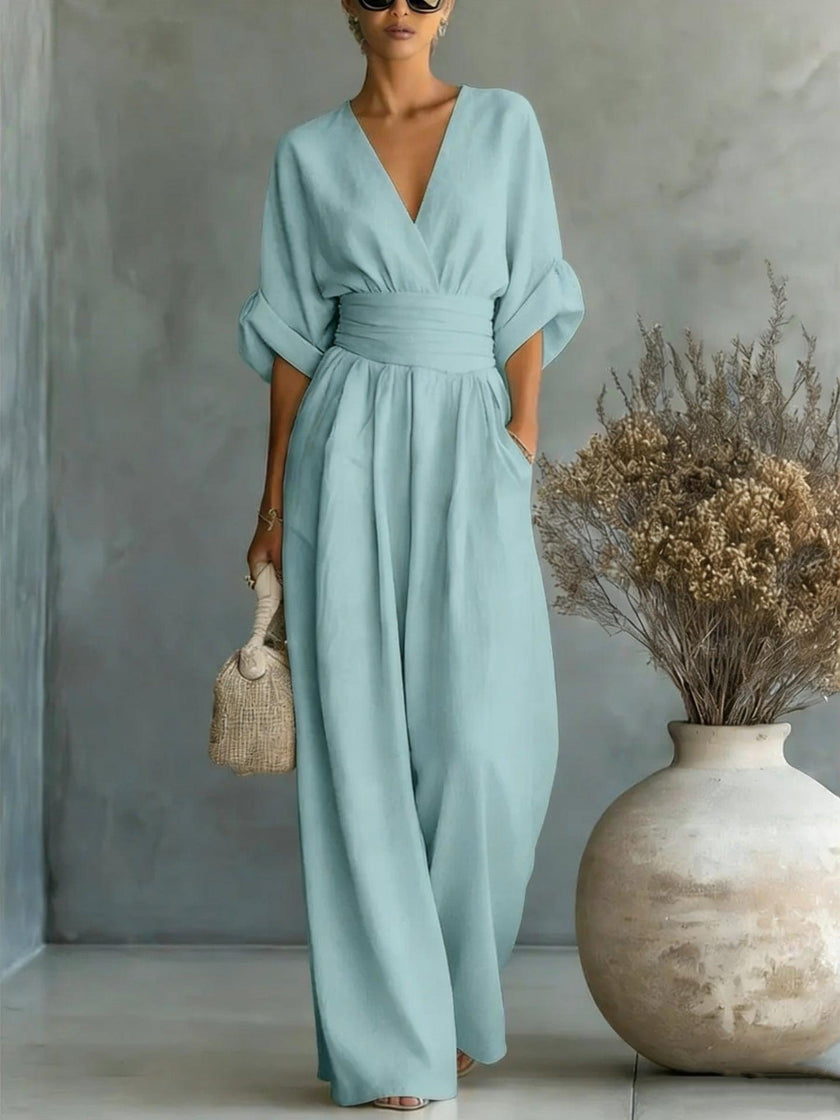 Women's Wide-Leg Jumpsuit High Waist Pleated Three-Quarter Sleeve Elegant Workwear