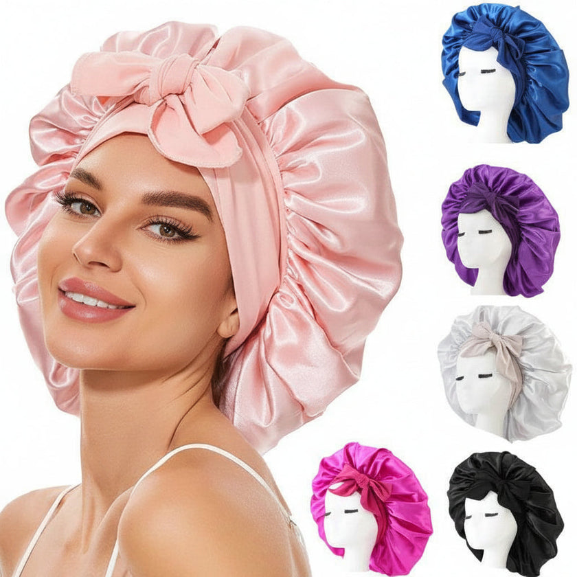 Satin Silk Hair Bonnet for Sleeping – Oversized Bow Bonnet for Curly Hair | 21 Colours