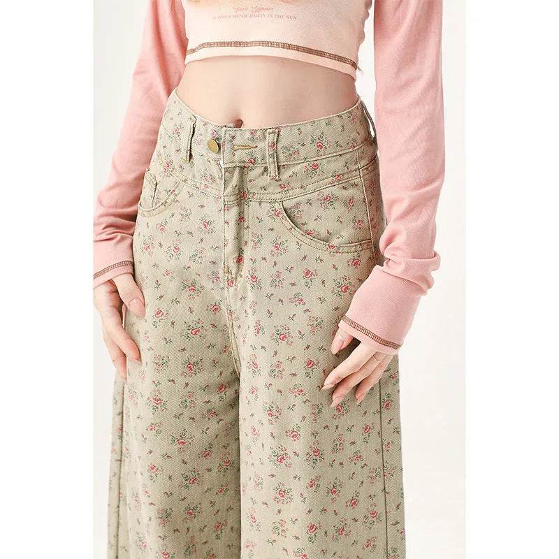 Mint Mambo Green Floral Baggy Jeans Pant For Women