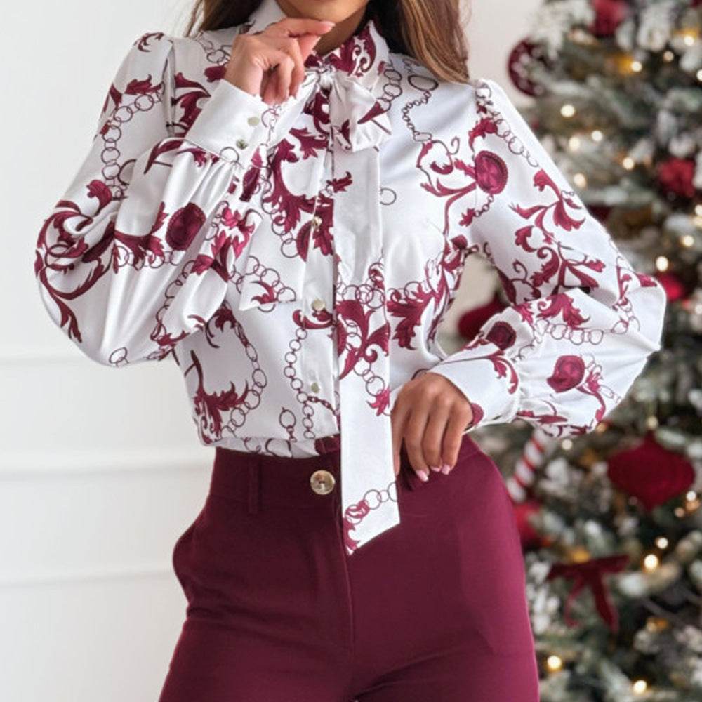 Printed Long Sleeve Bowknot Lining Business Office Formal Work shirt For Women