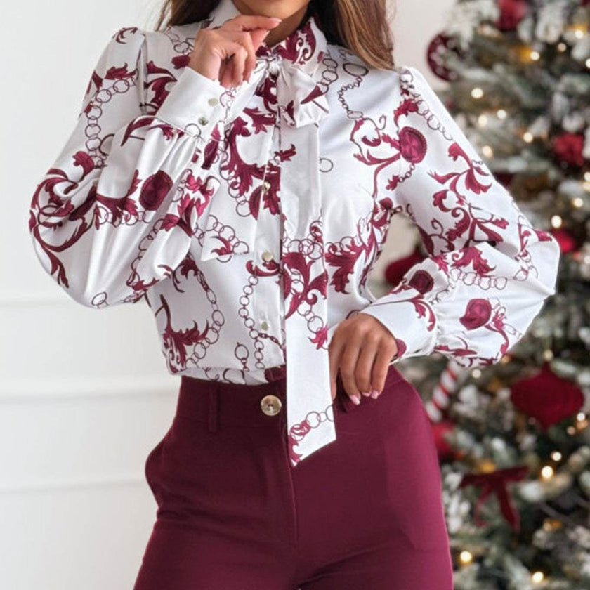 Printed Long Sleeve Bowknot Lining Business Office Formal Work shirt For Women
