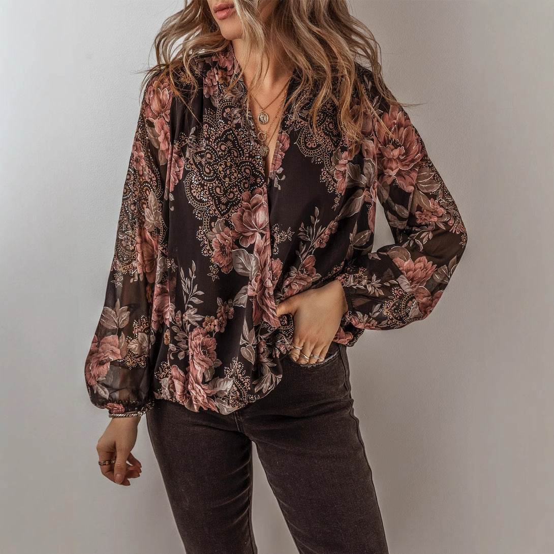 V-neck Long Sleeve Top Floral Print Women's Chiffon blouse Women