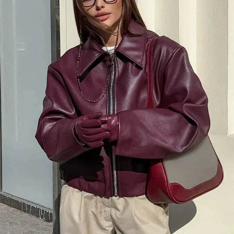 Fashioned Oversized zipper Lapel Leather coat jacket for women