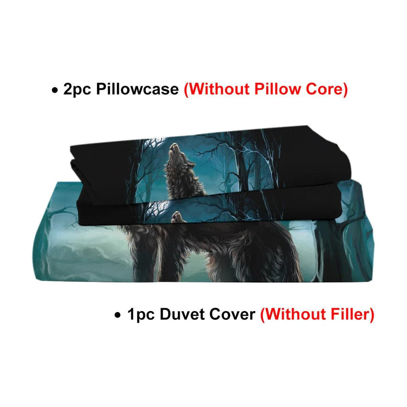 Moon Wolf Duvet Cover Set – Green Watercolor Forest Wolf Bedding | 3-Piece Microfiber | Twin Full King