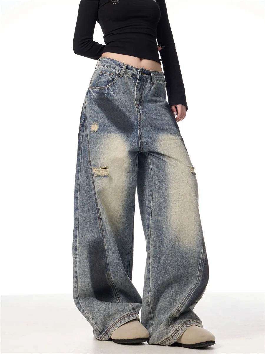 Splash Ink Ripped Machete Baggy Jeans Pant For Women Loose-fitting Wide-leg Trousers