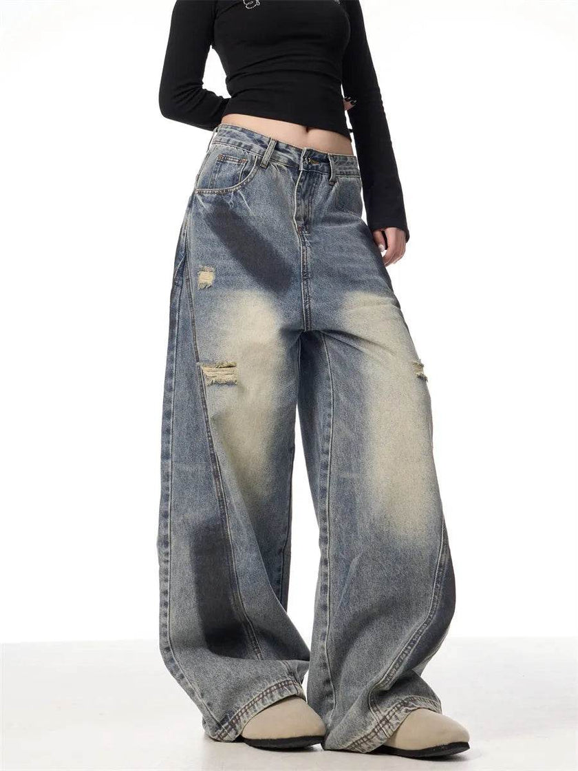 Splash Ink Ripped Machete Baggy Jeans Pant For Women Loose-fitting Wide-leg Trousers