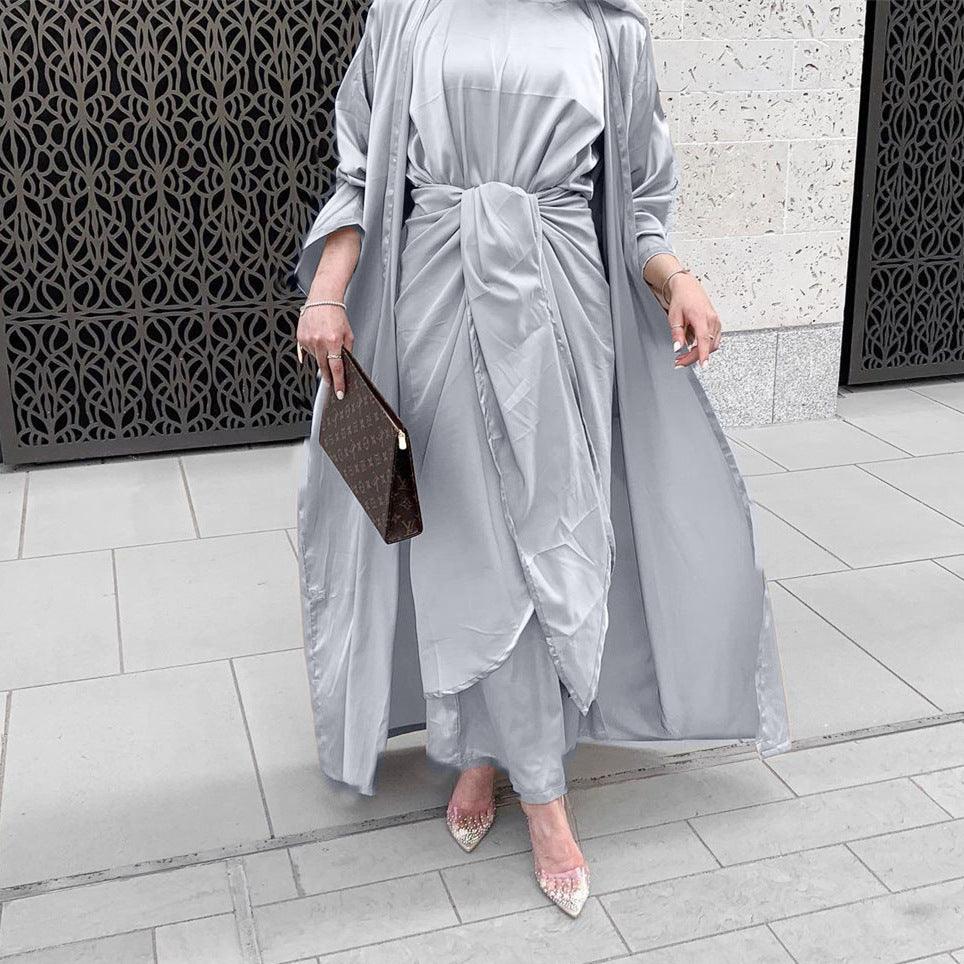 Women’s 3 Piece Abaya Set – Modest Satin Maxi Dress with Belt & Open Kimono Cardigan