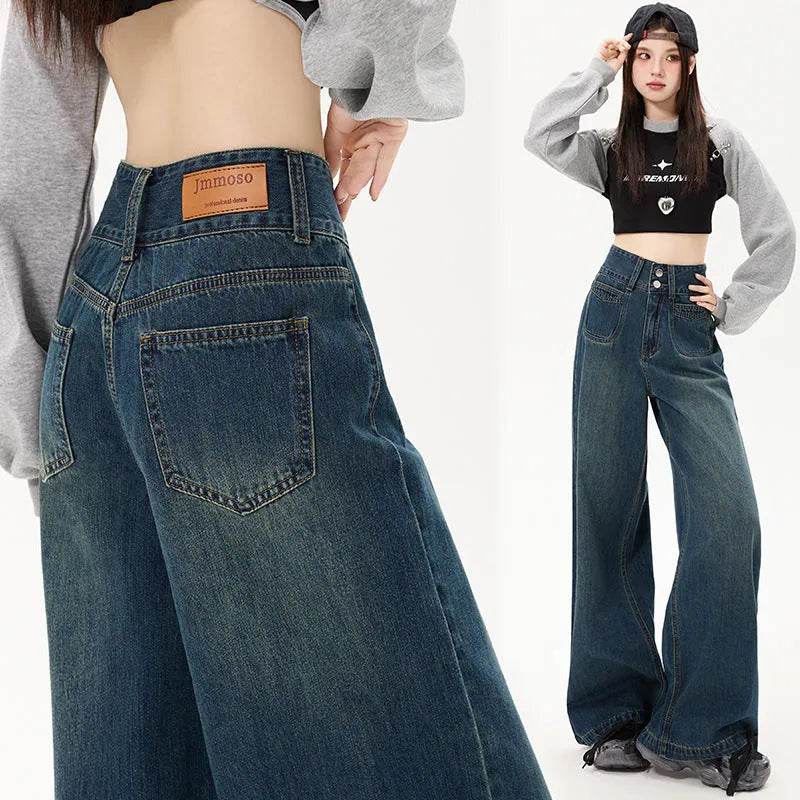New Simple High Waist Casual Straight-leg Baggy Jeans Pant For Women