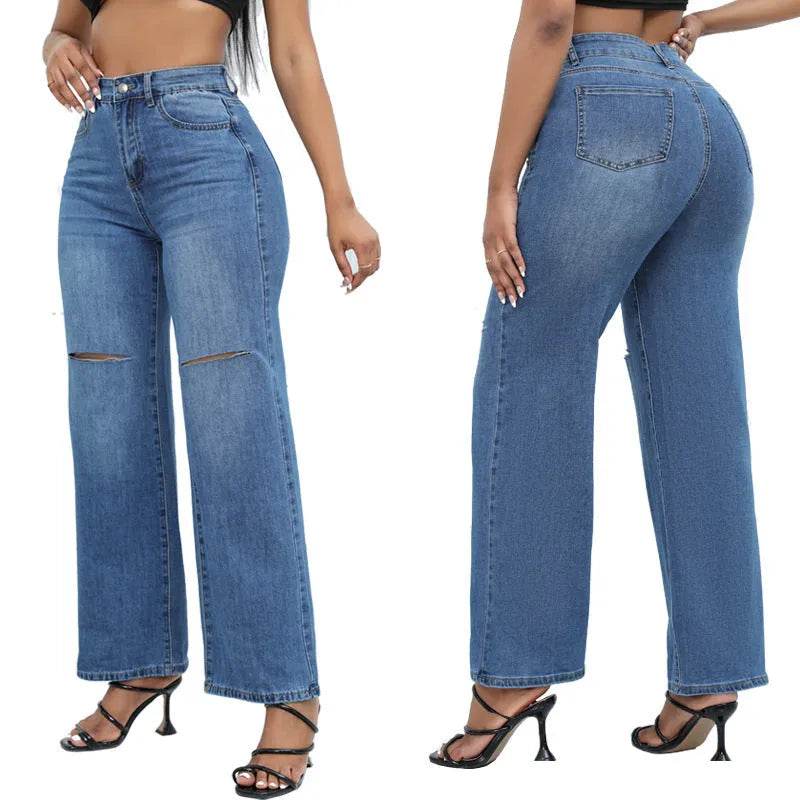 Elegant Ripped Wide-leg Baggy Jeans Pant Women
