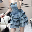 Women's sleeveless tube Denim High Waist Slimming Jeans layered flared mini Dress