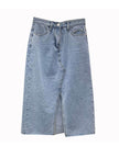 Casual Front Slit Dark Blue and Light Blue Denim Midi Skirt for women
