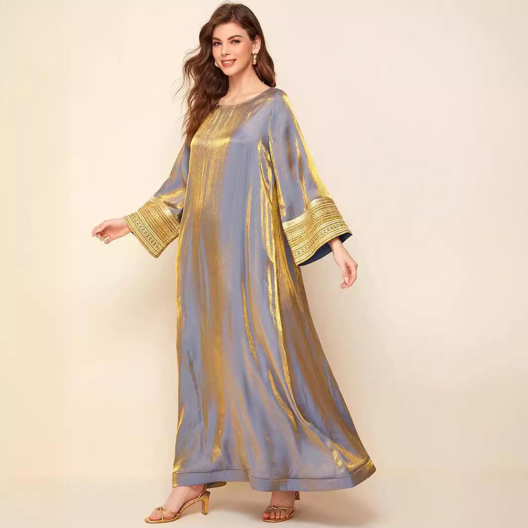 Women’s Kaftan Maxi Dress – Elegant Loose Abaya Gown with Gold Embroidered Sleeves | Modest Islamic Long Dress