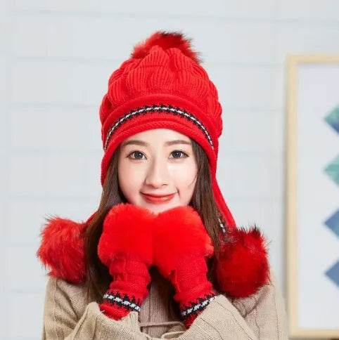 Women Cozy Knit Fleece-Feel Beanie With Ear Flaps Winter Hat Perfect For Skiing & Outdoor Activities