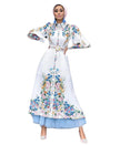 Fashion Puff Sleeves Lapel Robe Arabic Women's Digital Printed Mid Waist Long Dress